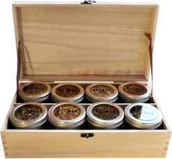 Houten Theekist Gevulde Theedoos Met 16 Blikjes Tea Bar Thee Theecadeau - Losse Thee G - 50 Koppen Per 100 Gram