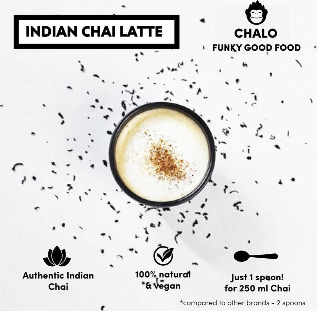 CHALO Chini Masala Chai Latte - Indische Vegan Chai - Zwarte Assam Thee - 25 Porties/ 300GR - Met Minder Suiker 8 CHALO Chini Masala Chai Latte - Indische Vegan Chai - Zwarte Assam Thee - 25 Porties/ 300GR - Met Minder Suiker - Afbeelding 6