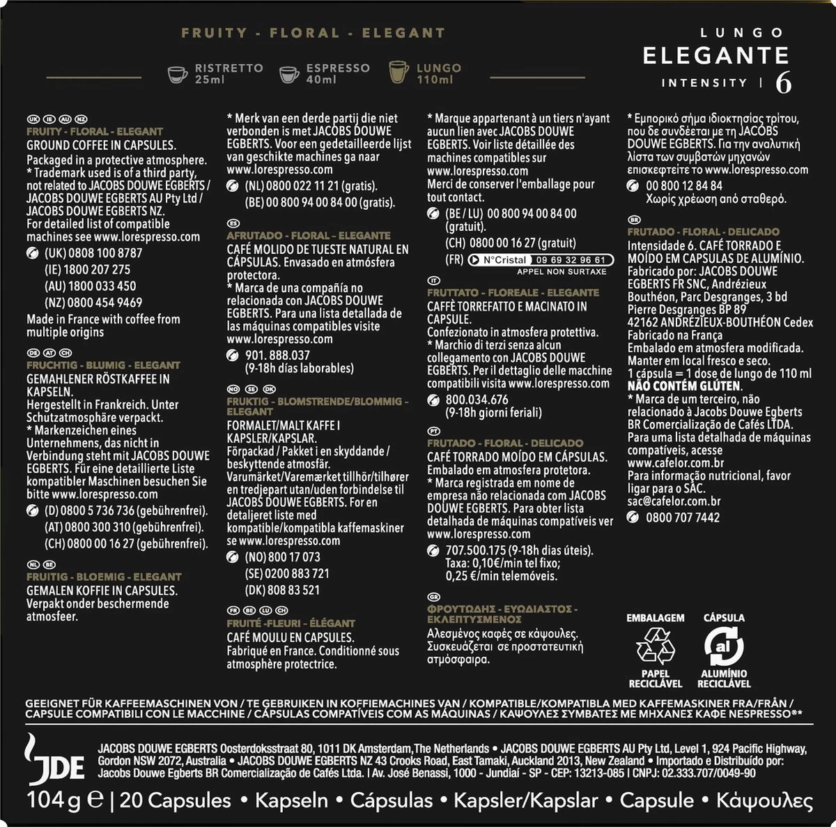 L'OR Lungo Elegante Koffiecups - Intensiteit 6/12 - 10 X 20 Capsules 5 L'OR Lungo Elegante Koffiecups - Intensiteit 6/12 - 10 X 20 Capsules - Afbeelding 3