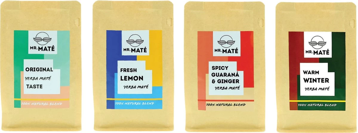 Yerba Mate Thee (4 X 150g) - Yerba Mate Smaken - Mr. Maté Gember - Kaneel - Groene Mate - Pepermunt Citroen 3 Yerba Mate Thee (4 X 150g) - Yerba Mate Smaken - Mr. Maté Gember - Kaneel - Groene Mate - Pepermunt Citroen