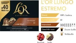 L'OR Lungo Estremo Koffiecups - Intensiteit 10/12 - 4 X 40 Capsules -Eten En Drinken 1200x676