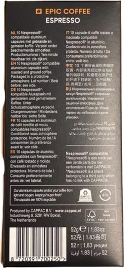 100 Capsules Epic Coffee - Espresso - Nespresso® Compatible Aluminium Capsules - RFA Keurmerk - Doos 100 Stuks -Eten En Drinken 556x1200
