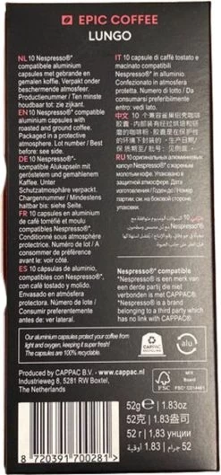 100 Capsules Epic Coffee - Lungo - Nespresso® Compatible Aluminium Capsules - RFA Keurmerk - Doos 100 Stuks 17 100 Capsules Epic Coffee - Lungo - Nespresso® Compatible Aluminium Capsules - RFA Keurmerk - Doos 100 Stuks -Eten En Drinken 560x1200 1